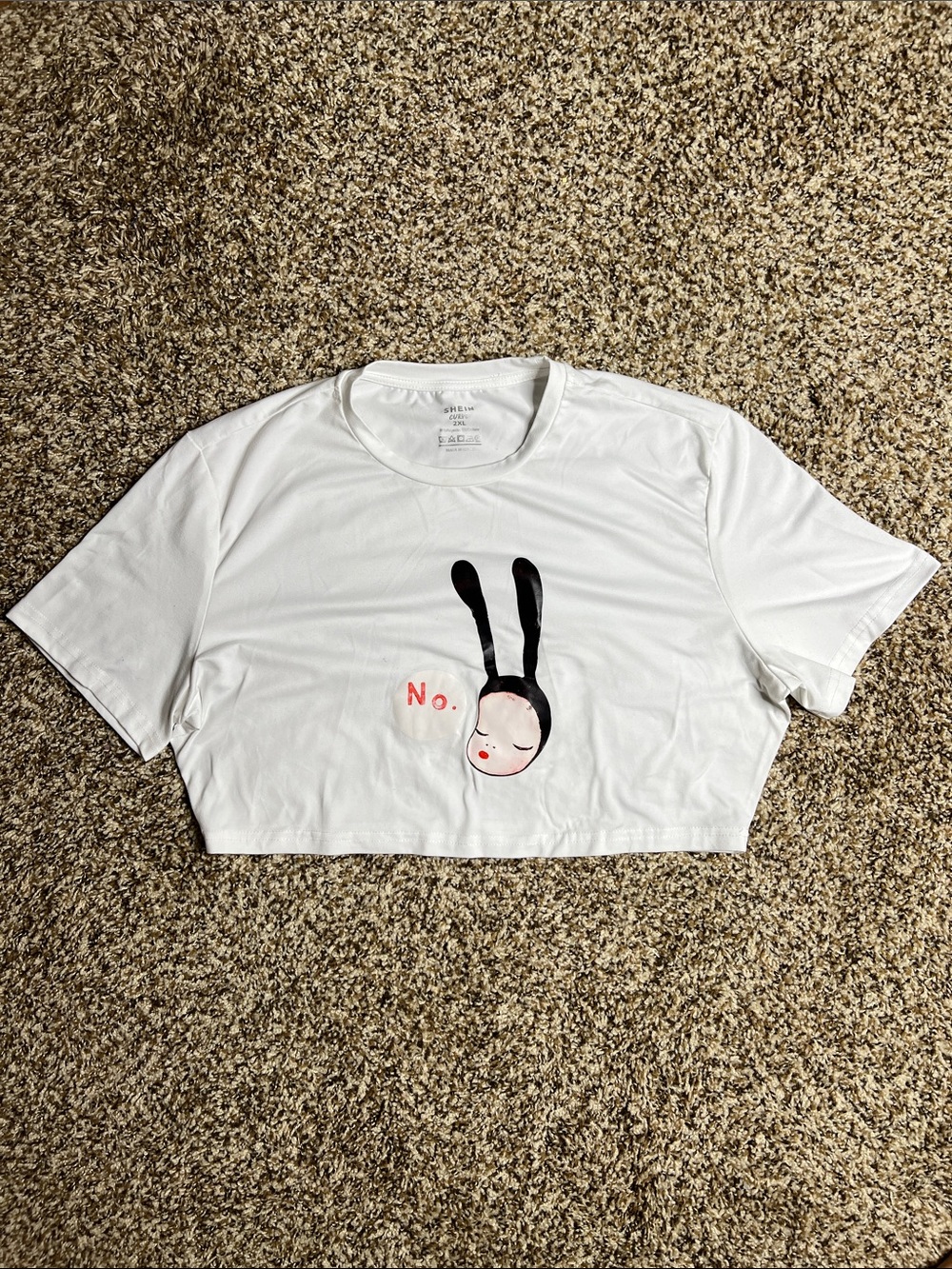 SHEIN White Cropped Tee with Bunny Graphic and Red Accent